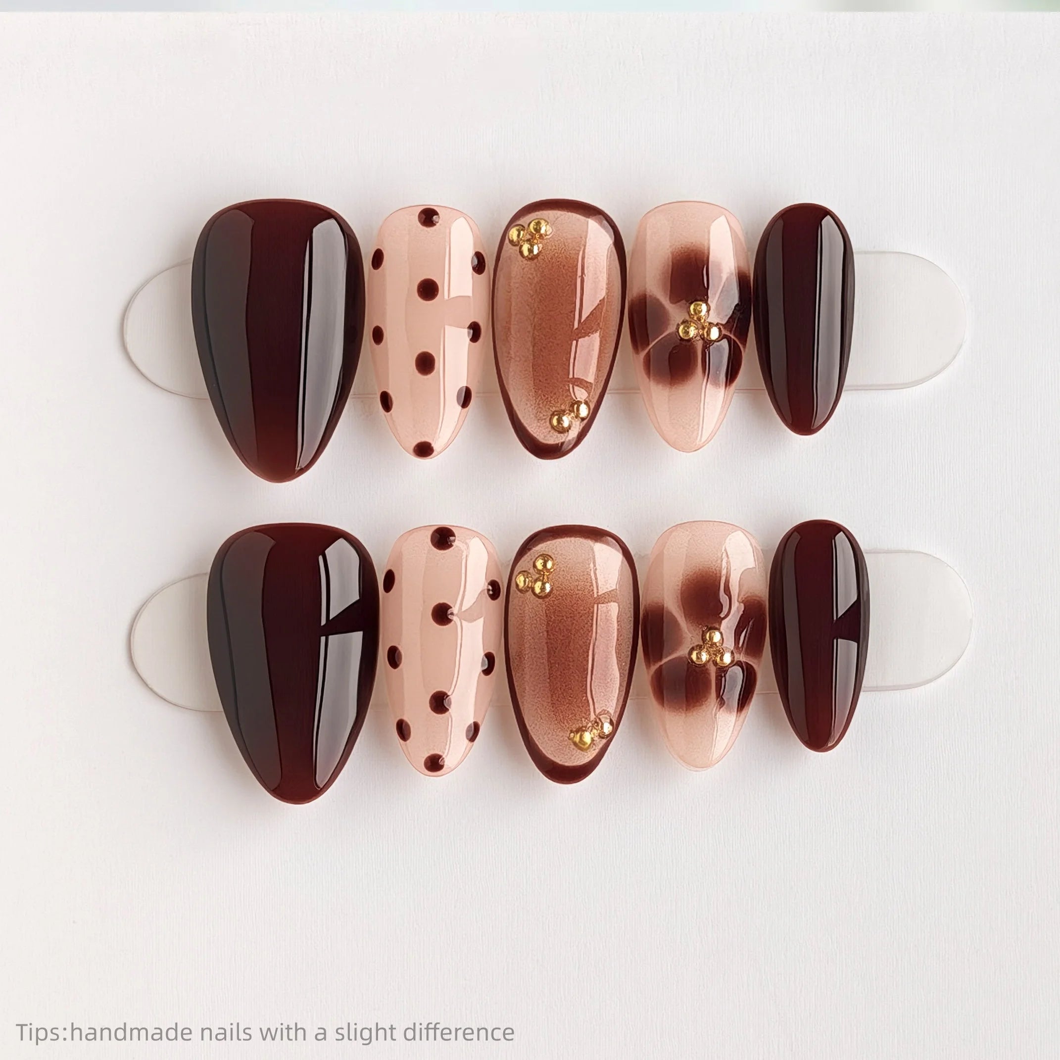 Brown Polka Dot Flower Almond Short -Korean Sweet press-ons